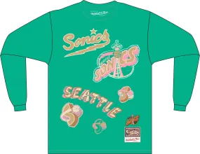 Seattle Supersonics Hardwood Classics Sidewalk Sketch | Teal Long Sleeve T-shirt - Best Price, Limited Stock