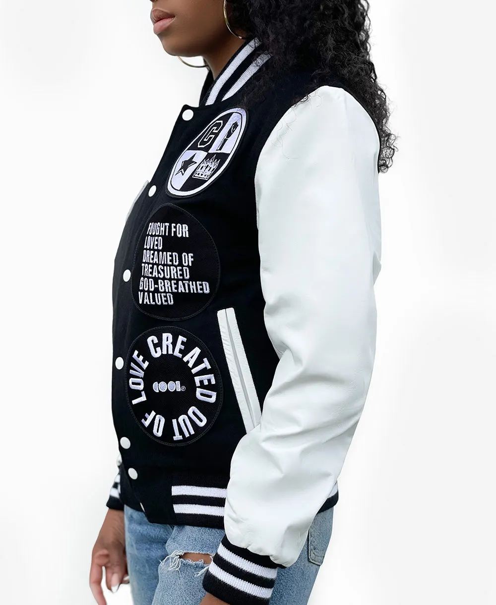 SHE'S COOL Black White Varsity Jacket