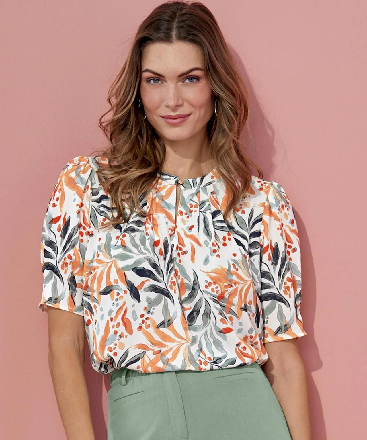 Button Neck Printed Blouse with Short Sleeves