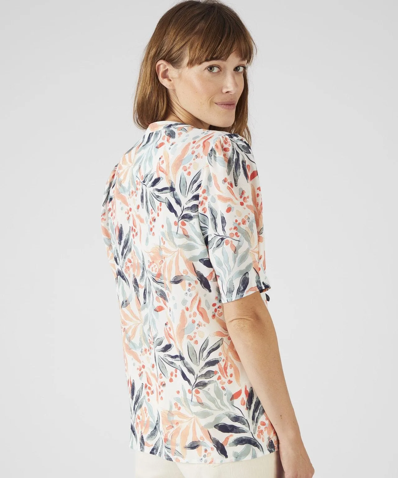 Button Neck Printed Blouse with Short Sleeves