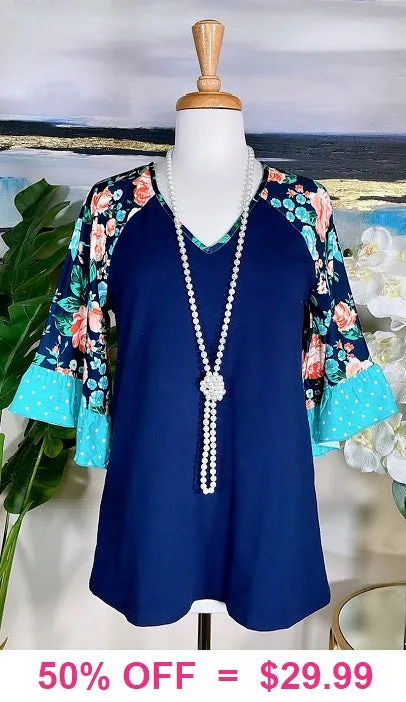 Navy Blouse with Floral Bell Sleeves - Size Small