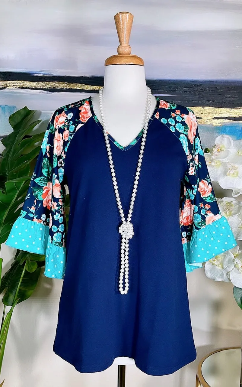 Navy Blouse with Floral Bell Sleeves - Size Small