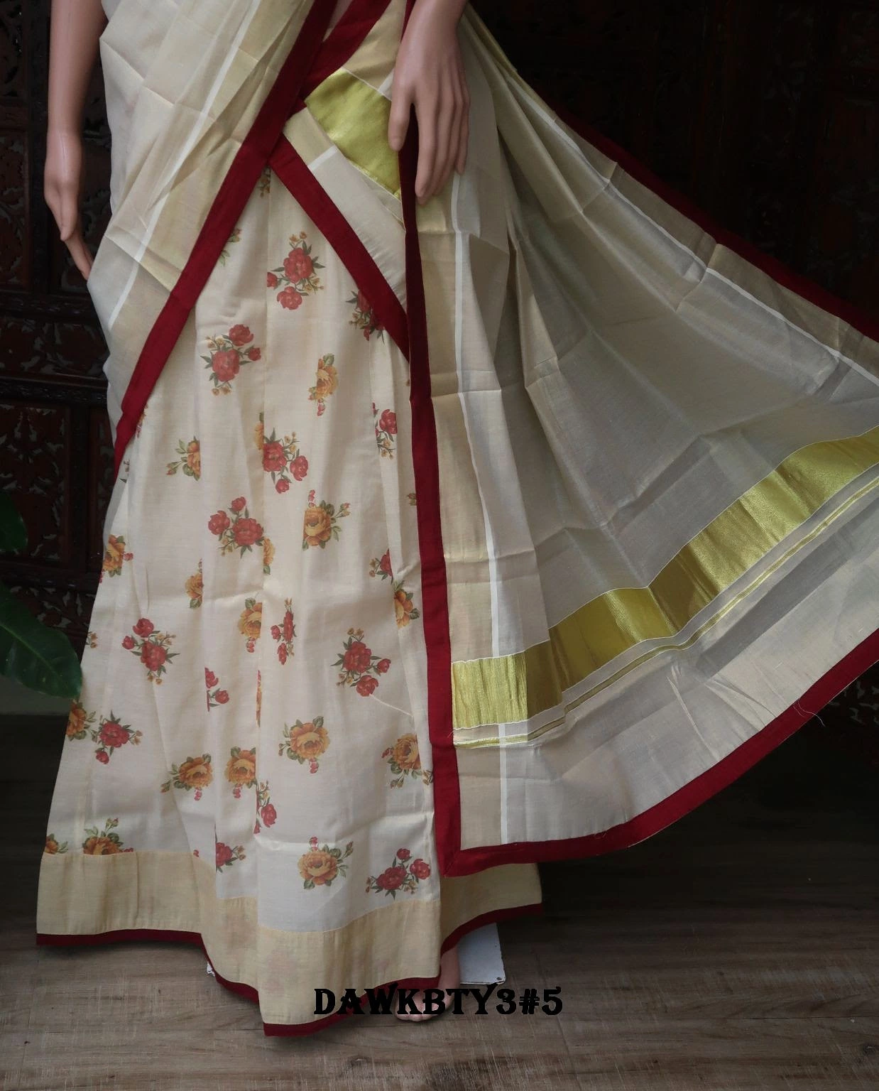 Suguna Kerala cotton skirt - digital print, plain dawani with contrast piping, printed blouse piece