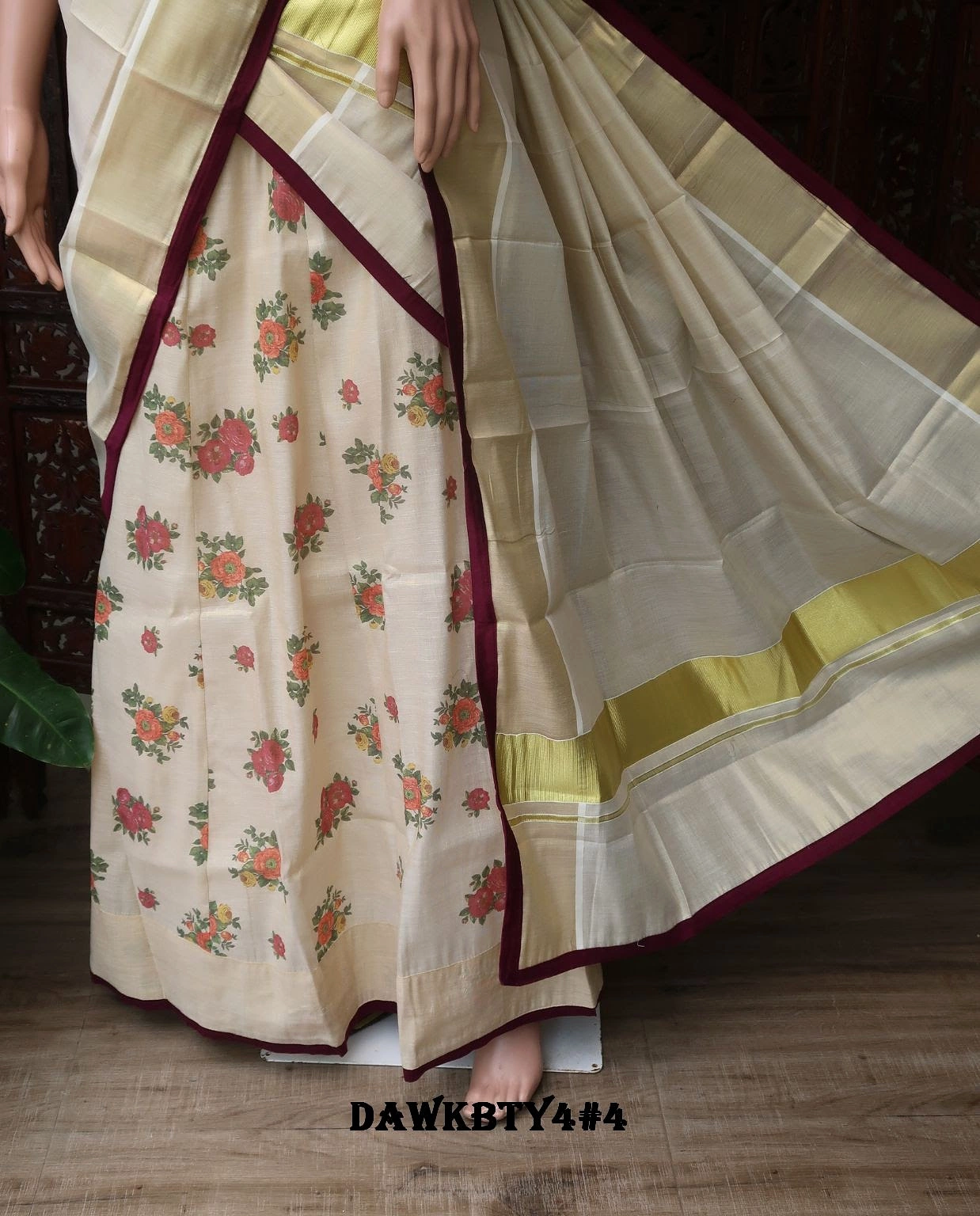 Suguna Kerala cotton skirt - digital print, plain dawani with contrast piping, printed blouse piece