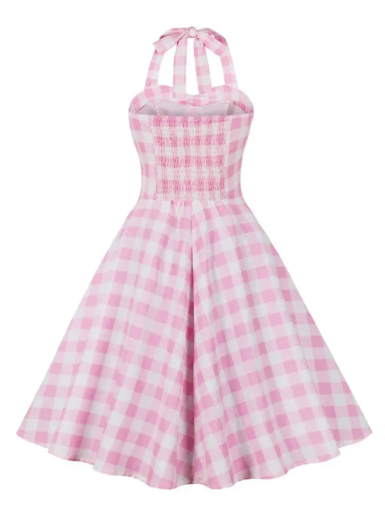 Vintage Patchwork Plaid Sweetheart Neckline Halter Evening Dress