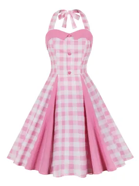 Vintage Patchwork Plaid Sweetheart Neckline Halter Evening Dress