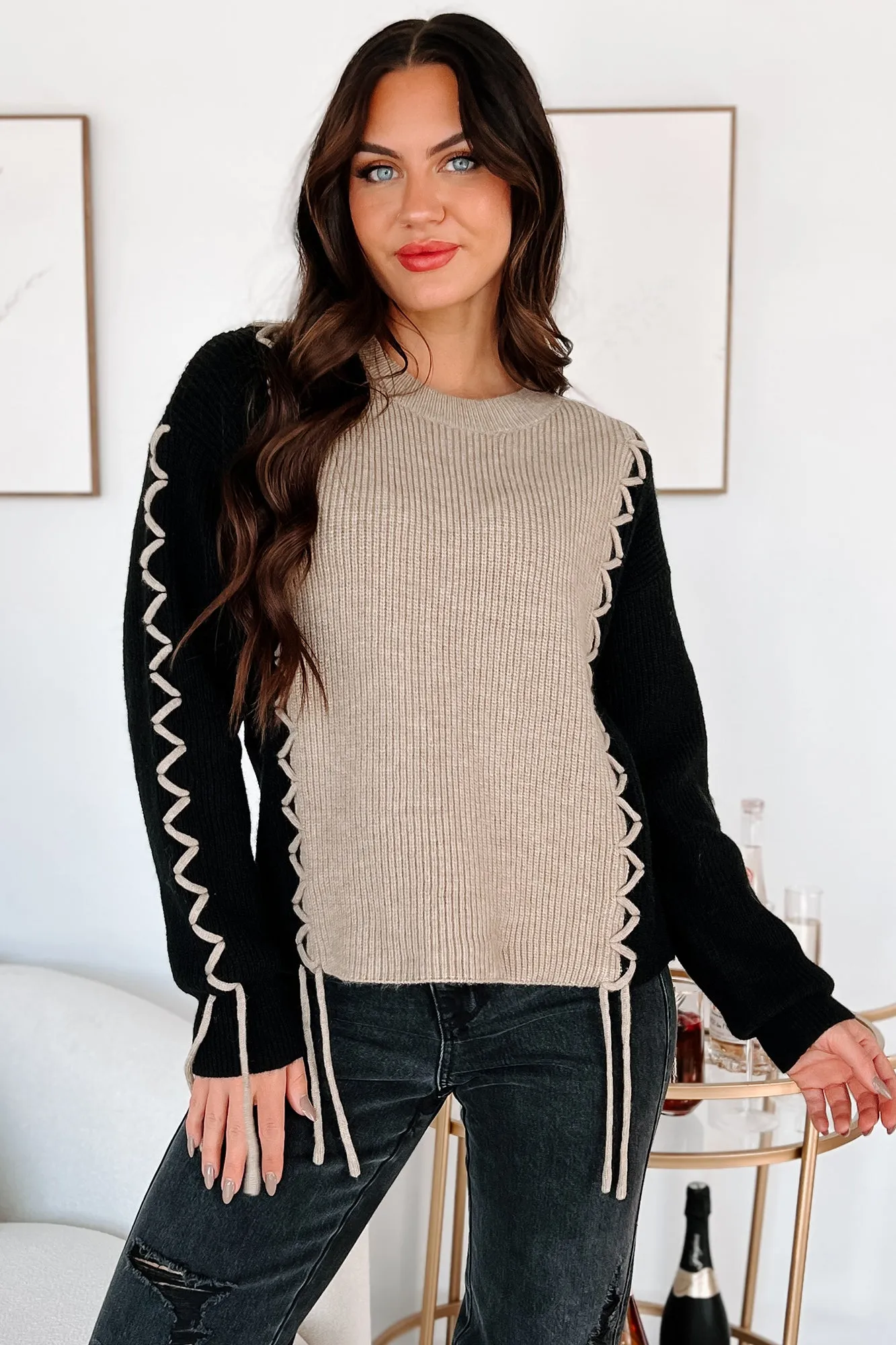 Taupe and Black Colorblock Sweater - Fall Into Place