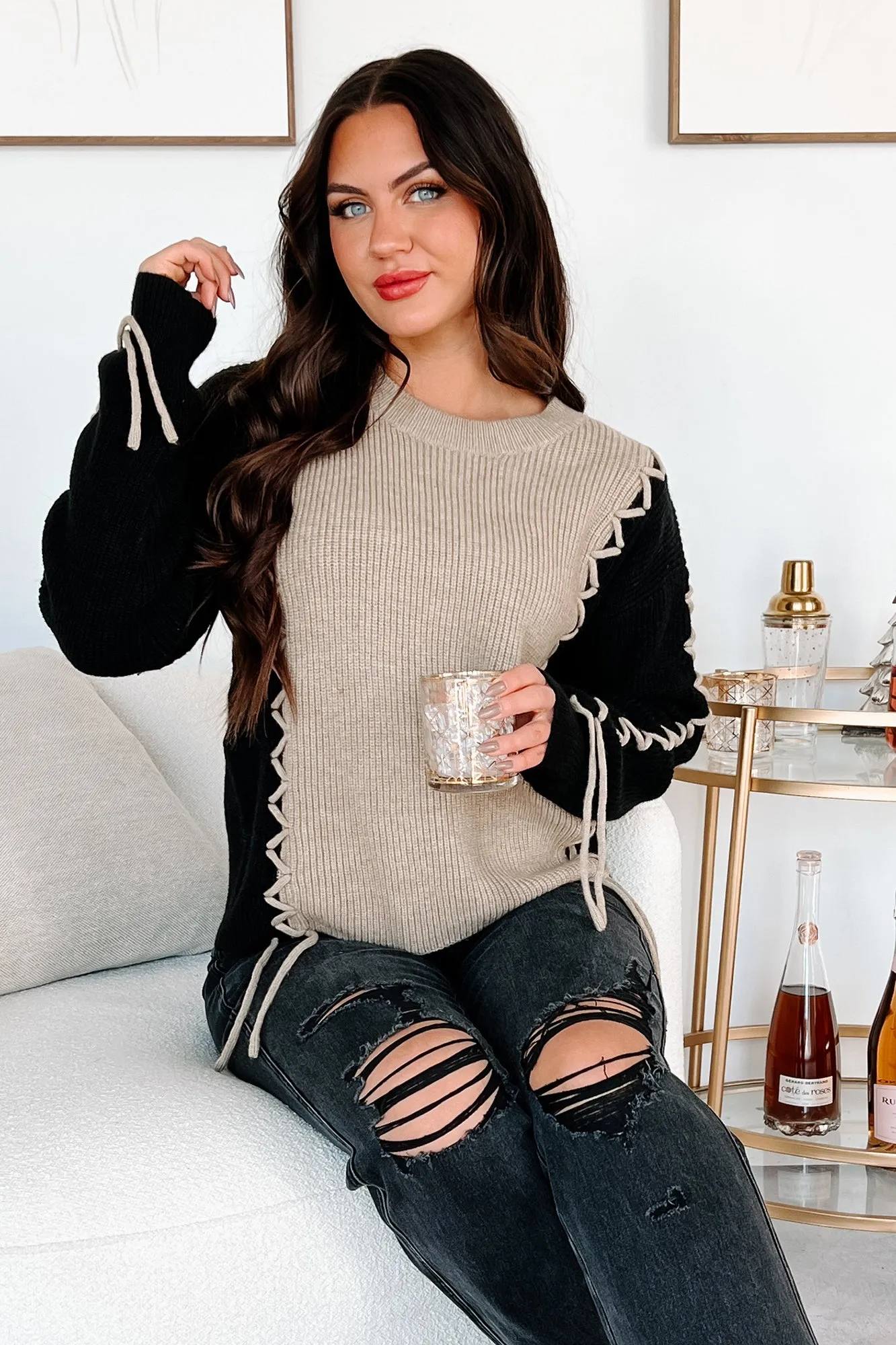 Taupe and Black Colorblock Sweater - Fall Into Place