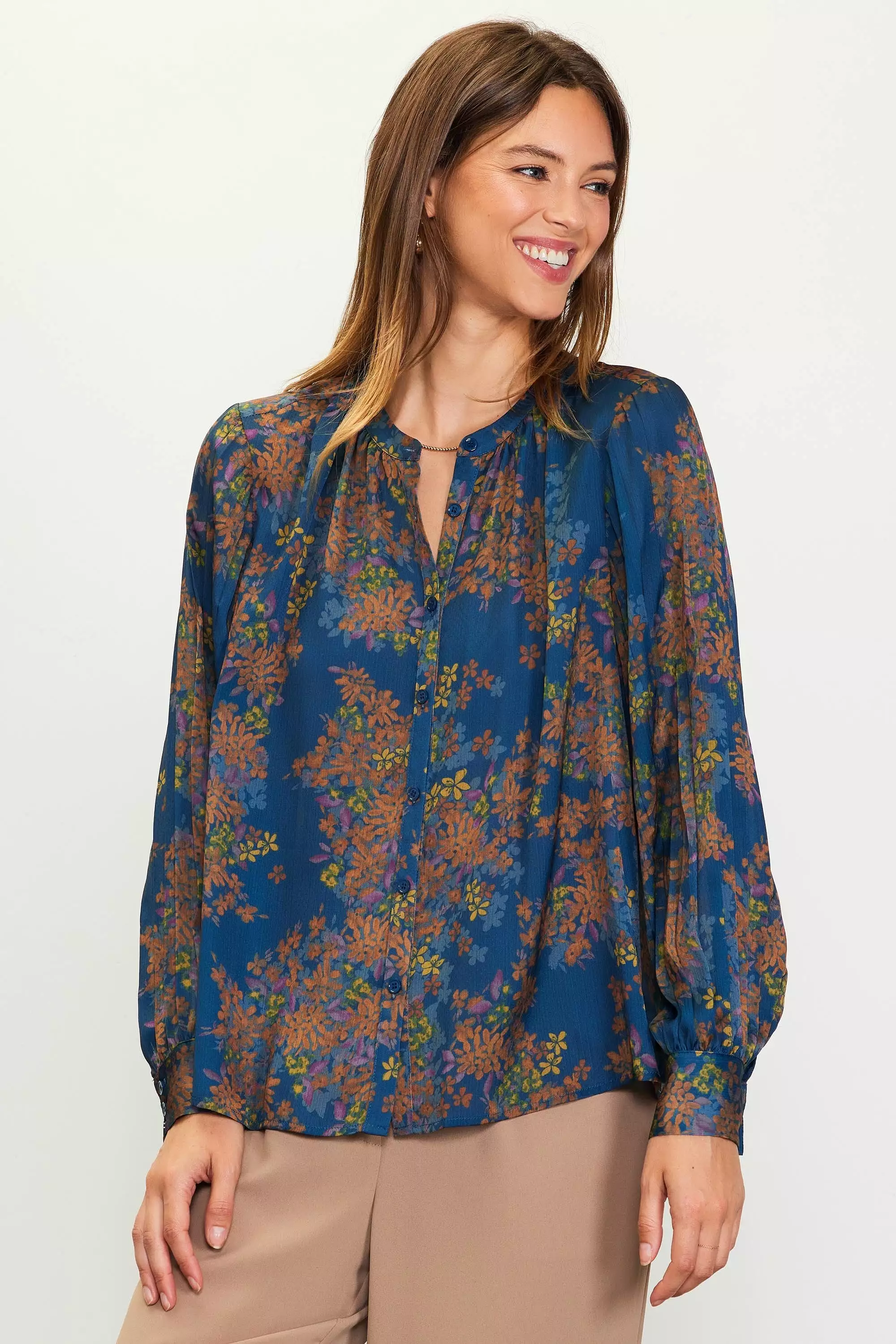 Teal and Mustard Long Sleeve Printed Button Down Blouse