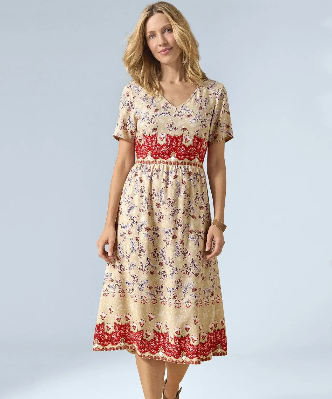 Printed V-Neck Dress with Short Sleeves