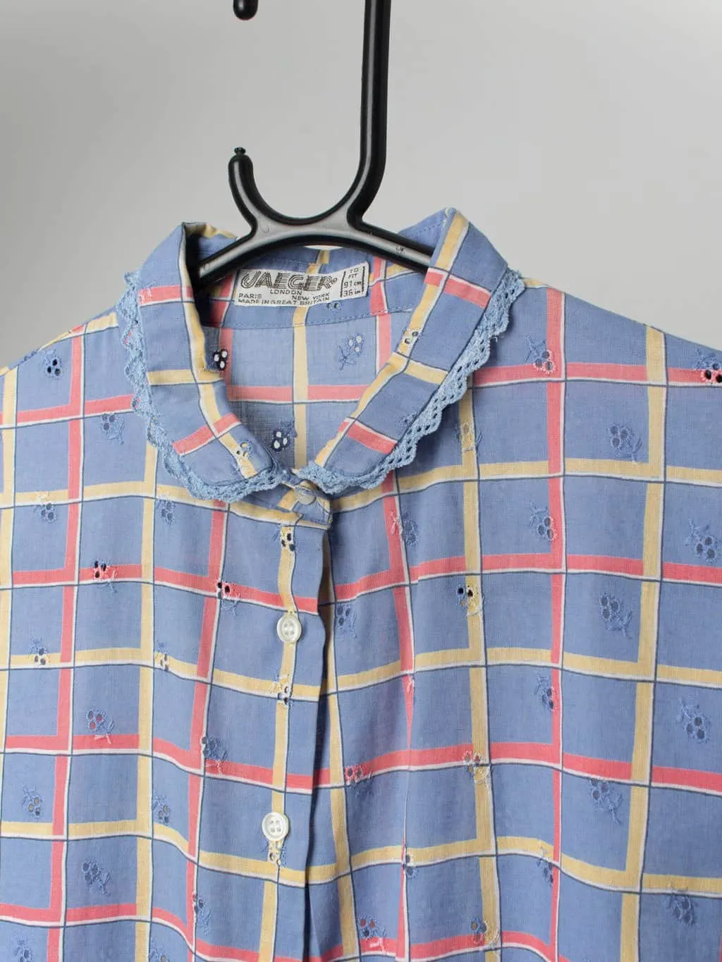 Vintage Blue Checked Blouse with Lace Collar by Jaeger - Small / Medium Size