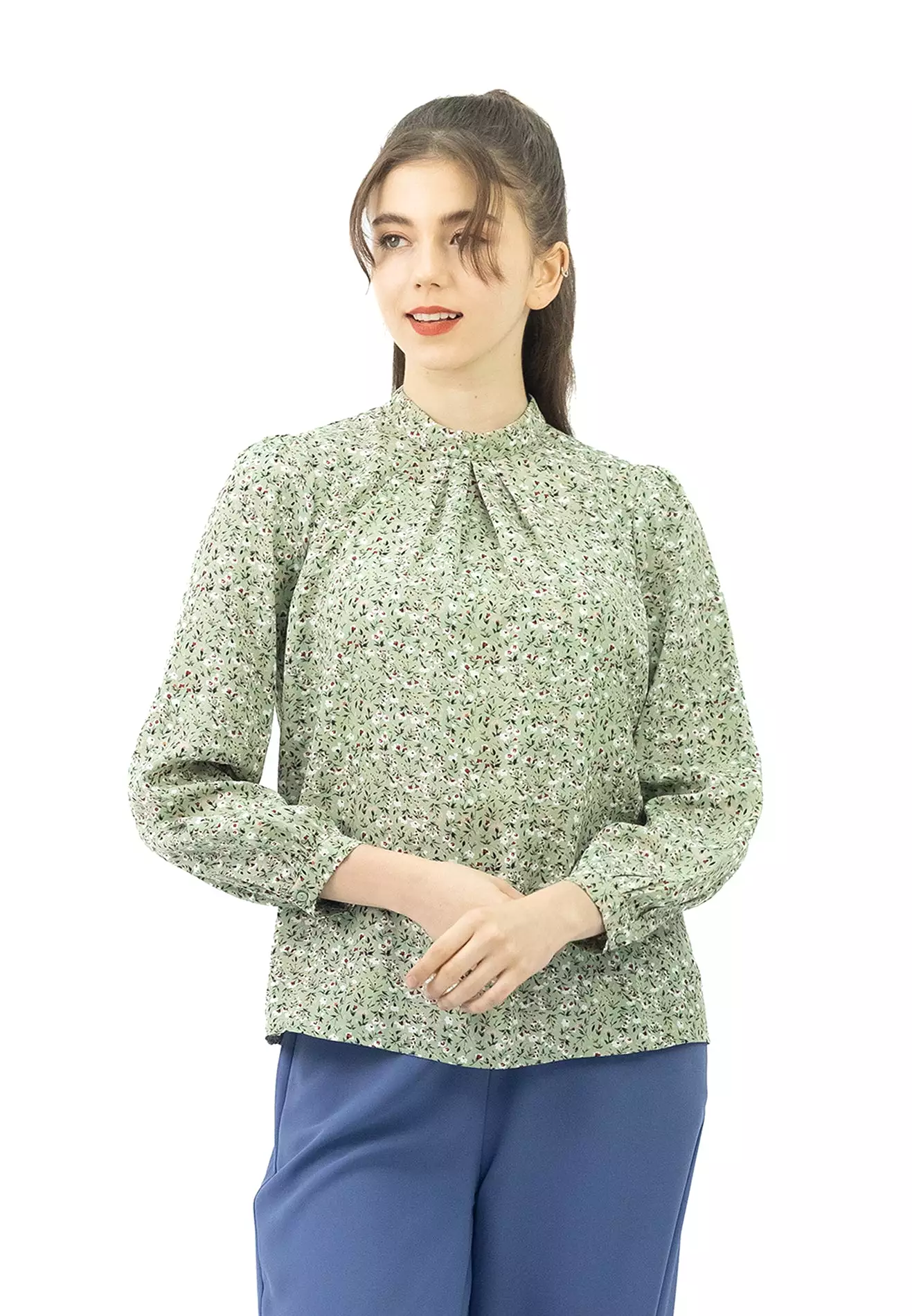 VOIR Daisy Ruched Mock Neck Printed Blouse