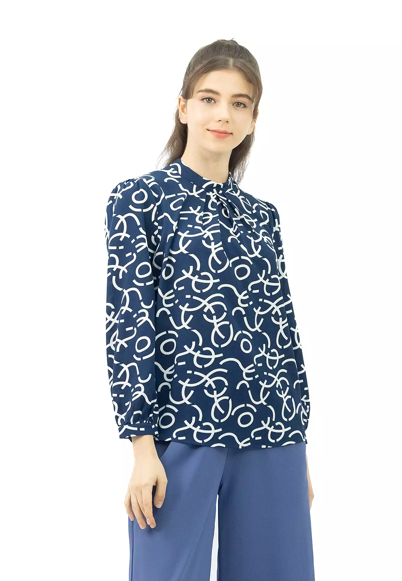 VOIR Daisy Ruched Mock Neck Printed Blouse