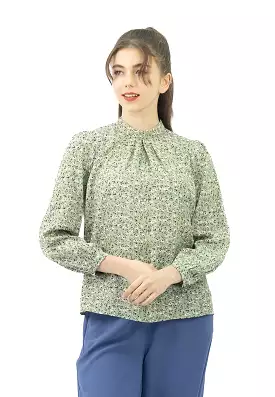 VOIR Daisy Ruched Mock Neck Printed Blouse