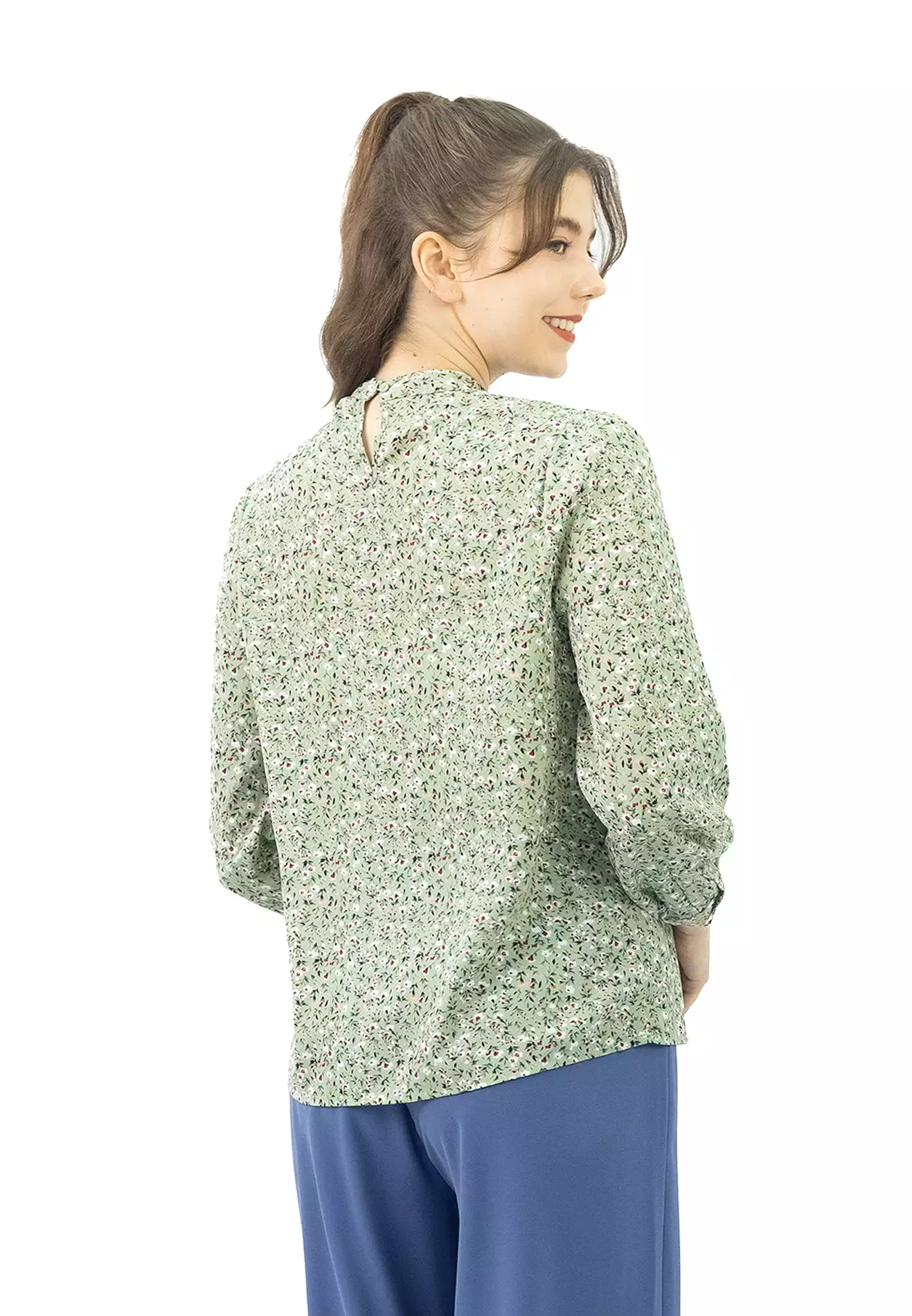 VOIR Daisy Ruched Mock Neck Printed Blouse