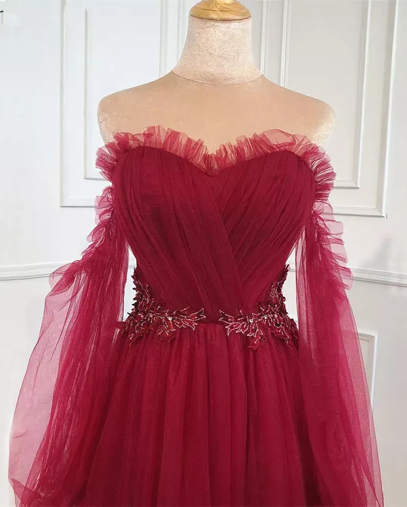 Wine Red Sweetheart Beaded Off Shoulder Party Bridesmaid Dress