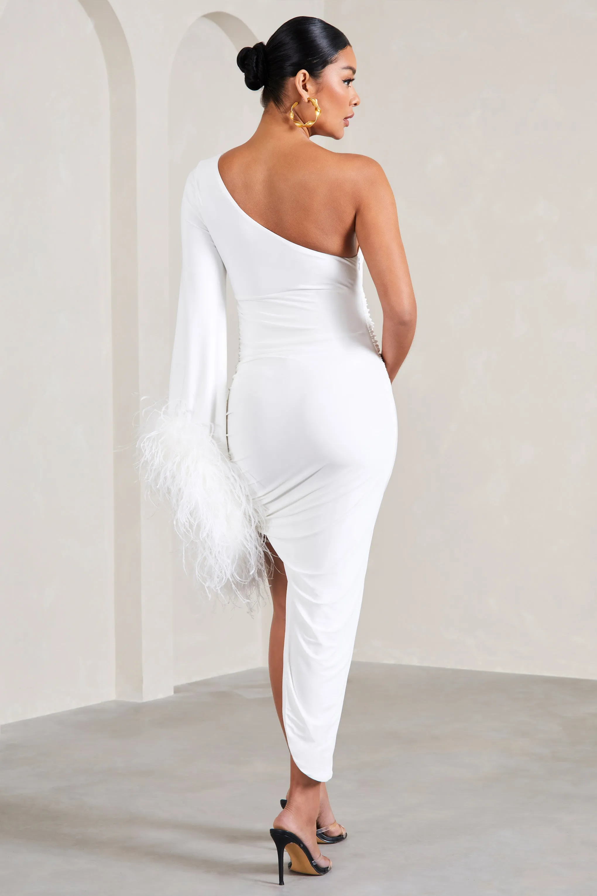 White Asymmetric One-Sleeved Maternity Maxi Dress With Feathers at With A Flourish