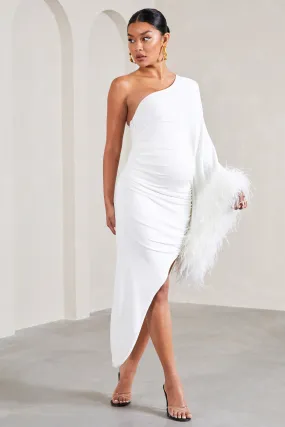 White Asymmetric One-Sleeved Maternity Maxi Dress With Feathers at With A Flourish