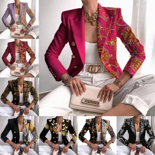 Women's Casual Fashion Printing Printing Patchwork Double Breasted Blazer Blazer