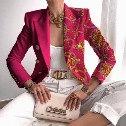 Women's Casual Fashion Printing Printing Patchwork Double Breasted Blazer Blazer