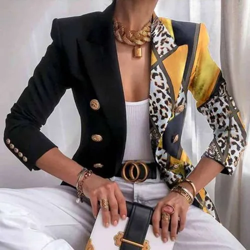 Women's Casual Fashion Printing Printing Patchwork Double Breasted Blazer Blazer