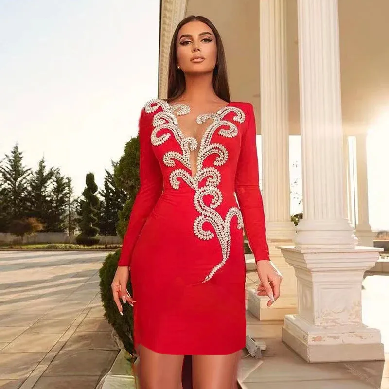 Sexy Summer Diamond Long Sleeved Bandage Party Mini Dress