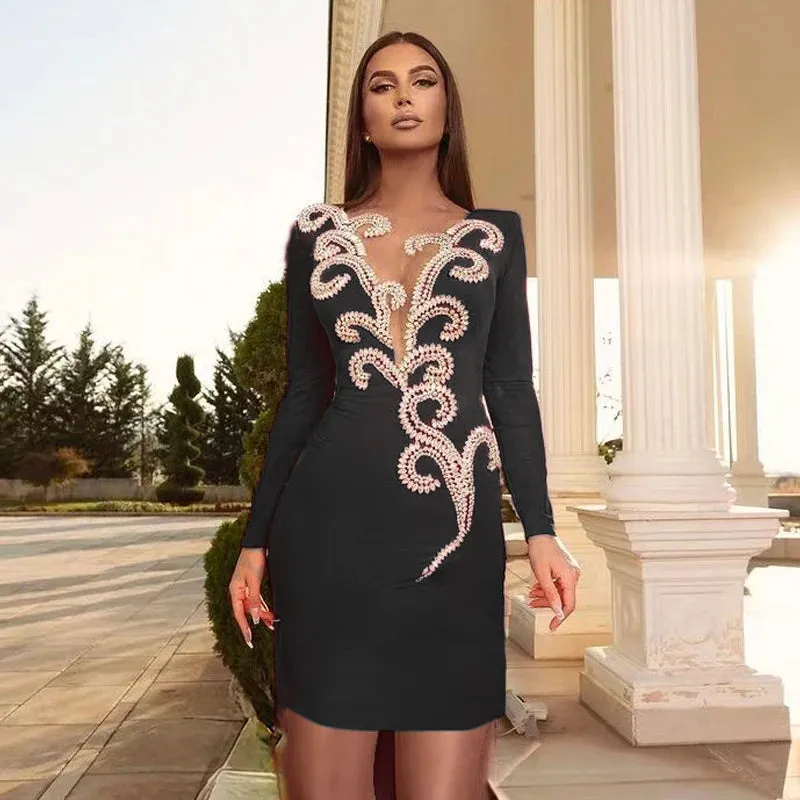 Sexy Summer Diamond Long Sleeved Bandage Party Mini Dress