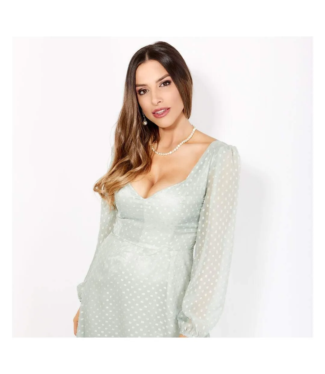 Light Green Krisp Women's/Dotted Dobby Sweetheart Blouson Sleeve Maxi Dress