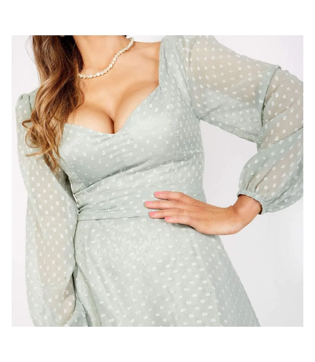 Light Green Krisp Women's/Dotted Dobby Sweetheart Blouson Sleeve Maxi Dress