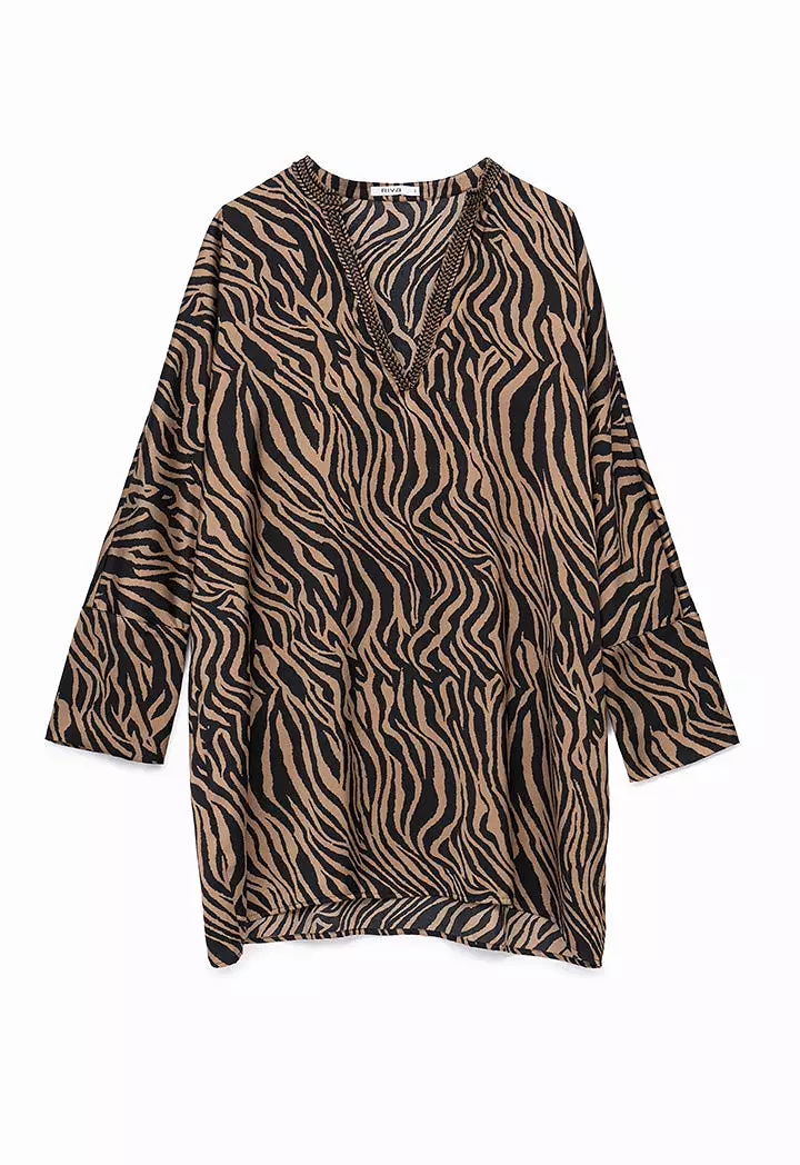 Zebra print blouse with embroidered neckline